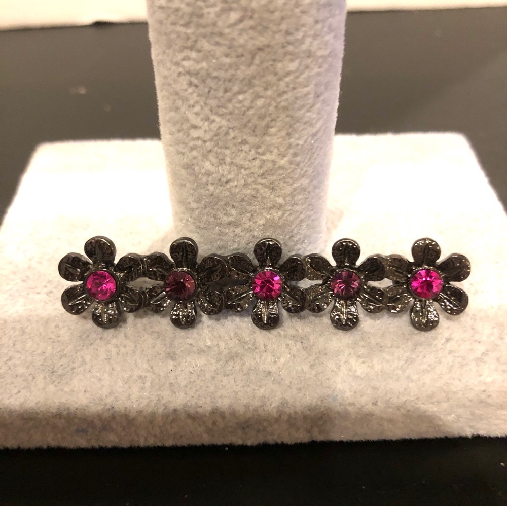 1928 Brand brooch- gunmetal, 5 flowers with pink rhinestones - Picture 3 of 8